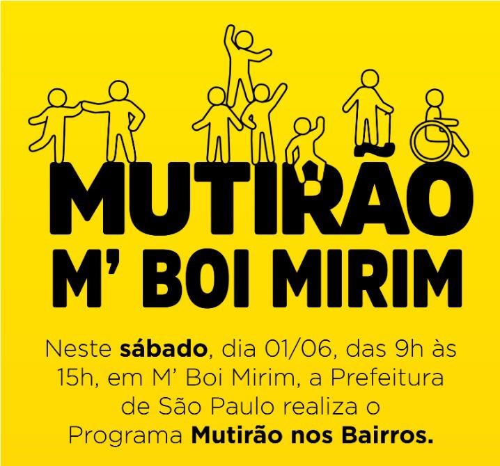 sob um plano de fundo amarelo o texto "Mutirão M'Boi Mirim" em letras pretas, logo acima oito silhuetas de bonecos confraternizando.